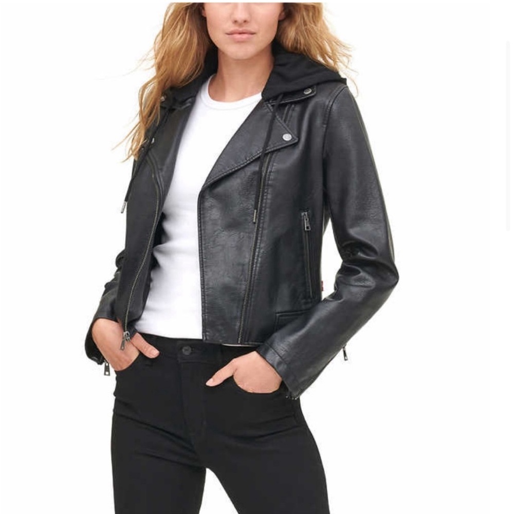 Levi’s Faux Leather Moto Jacket with Hood Size Small